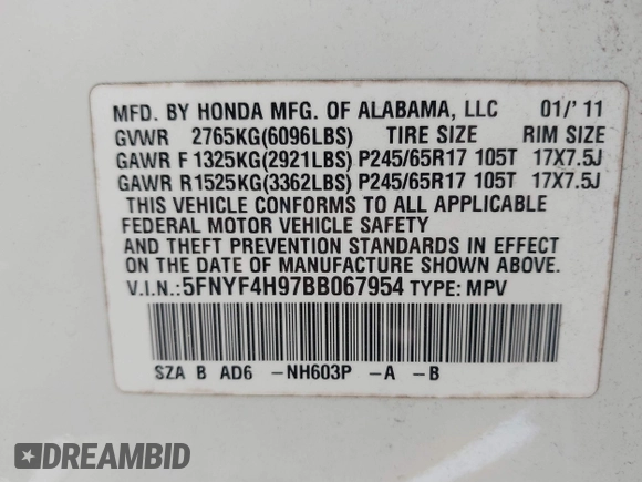 2011 Honda Pilot Touring with VIN 5FNYF4H97BB067954, listed as a IAAI auction lot 41832617 with 141,141 mi miles. Bid and sale history available at carsss.com. Image 9.