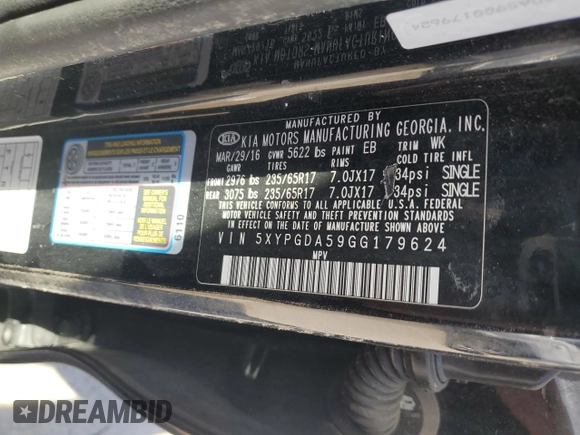 2016 Kia Sorento LX z VIN 5XYPGDA59GG179624, wystawiony jako Copart lot #54528595 z przebiegiem Nie podano mil oraz Szkoda całkowita • Salvage title. Historia ofert i sprzedaży dostępna na DreamBid. Obrazek 13.