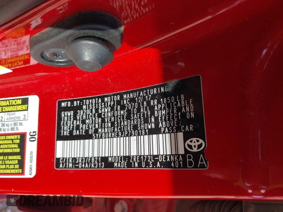 2018 Toyota Corolla L z VIN 5YFBURHE9JP790181, wystawiony jako IAAI lot #41982399 z przebiegiem 79 536 mil mil oraz . Historia ofert i sprzedaży dostępna na DreamBid. Obrazek 9.