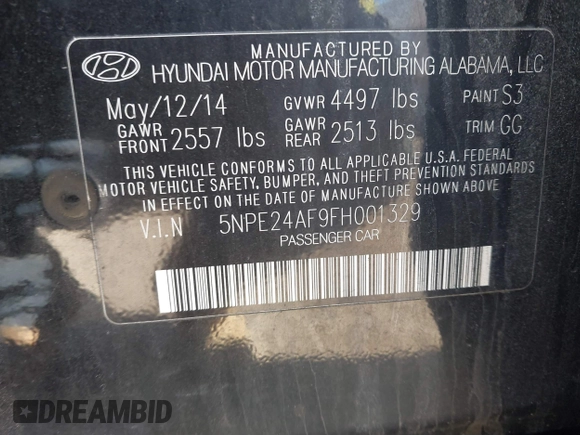 2015 Hyundai Sonata 2.4L SE with VIN 5NPE24AF9FH001329, listed as a IAAI auction lot 41854603 with 104,124 mi miles. Bid and sale history available at carsss.com. Image 9.
