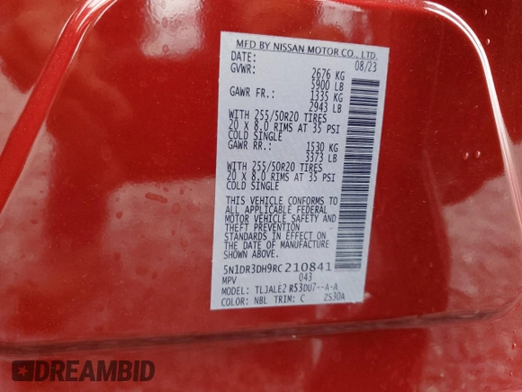 2024 Nissan Pathfinder Platinum with VIN 5N1DR3DH9RC210841, listed as a Copart auction lot 46792795 with 23,164 mi miles and Salvage title. Bid and sale history available at DreamBid. Image 16.