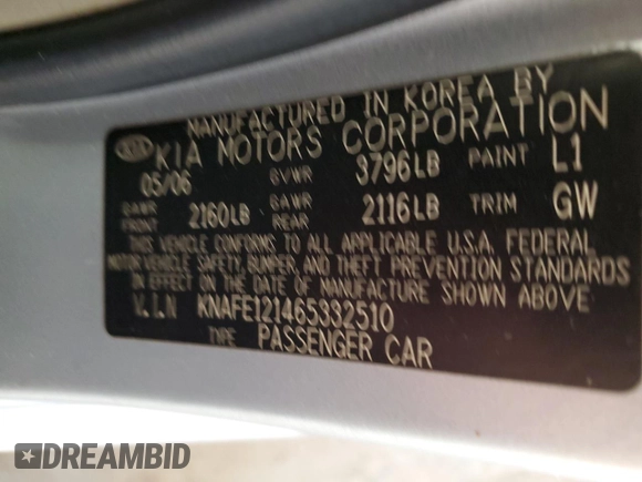 2006 Kia Spectra EX with VIN KNAFE121465332510, listed as a Copart auction lot 77211974 with 148,964 mi miles and Salvage Title. Bid and sale history available at carsss.com. Image 14.