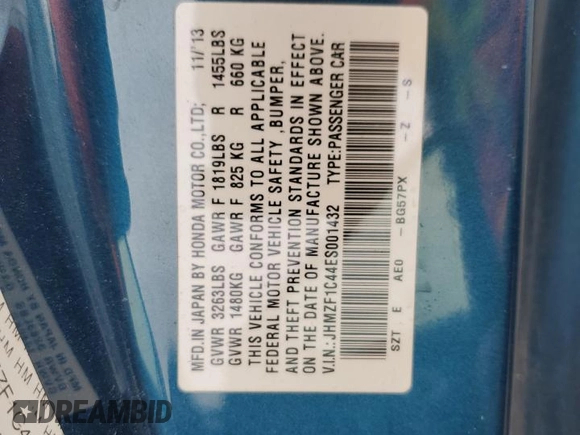 2014 Honda CR-Z with VIN JHMZF1C44ES001432, listed as a Copart auction lot 85555954 with 41,763 mi miles and Salvage Title. Bid and sale history available at carsss.com. Image 12.