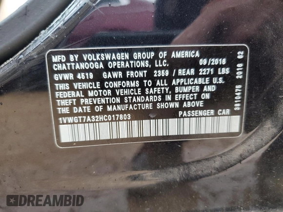 2017 Volkswagen Passat SE with VIN 1VWGT7A32HC017803, listed as a Copart auction lot 50924285 with 108,413 mi miles and Clean title. Bid and sale history available at DreamBid. Image 12.