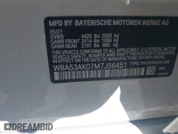 2021 BMW 2 Series 228i with VIN WBA53AK07M7J56451, listed as a IAAI auction lot 42292353 with 26,584 mi miles and . Bid and sale history available at DreamBid. Image 9.