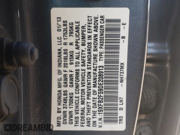 2013 Honda Civic LX with VIN 19XFB2F59DE208913, listed as a Copart auction lot 51713285 with 153,542 mi miles and Salvage Title. Bid and sale history available at DreamBid. Image 14.