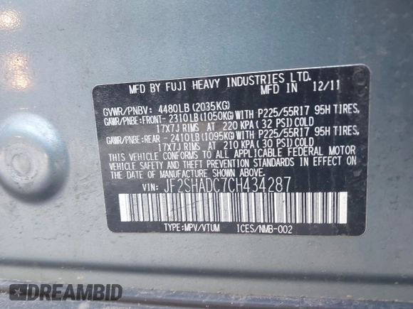 2012 Subaru Forester X Premium с VIN JF2SHADC7CH434287, выставлен на аукционе IAAI как лот 42027346 с пробегом 208 750 миль миль и . История ставок и продаж доступна на DreamBid. Изображение 9.