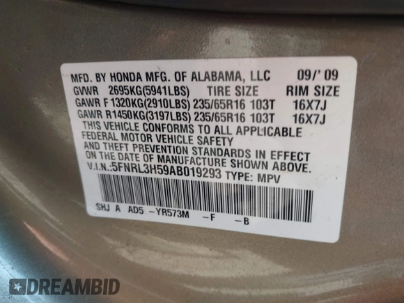 2010 Honda Odyssey EX with VIN 5FNRL3H59AB019293, listed as a IAAI auction lot 42769362 with 256,541 mi miles and . Bid and sale history available at DreamBid. Image 9.