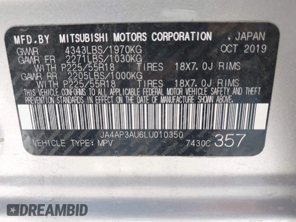 2020 Mitsubishi Outlander ES with VIN JA4AP3AU6LU010350, listed as a IAAI auction lot 42380682 with 95,259 mi miles and . Bid and sale history available at DreamBid. Image 9.