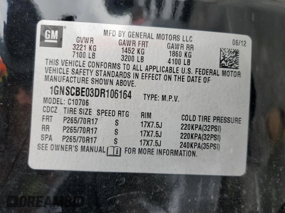 2013 Chevrolet Tahoe LT with VIN 1GNSCBE03DR106164, listed as a Copart auction lot 53738575 with 126,885 mi miles and Salvage title. Bid and sale history available at DreamBid. Image 13.