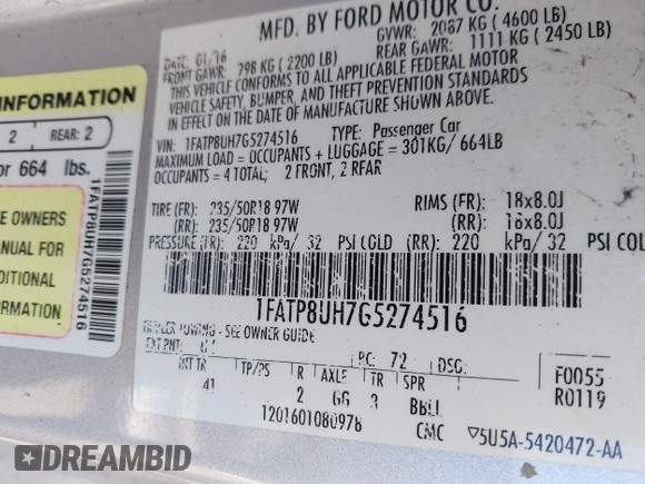 2016 Ford Mustang EcoBoost Premium with VIN 1FATP8UH7G5274516, listed as a IAAI auction lot 41696048 with 136,080 mi miles and . Bid and sale history available at carsss.com. Image 9.