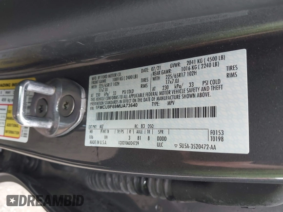 2021 Ford Escape S с VIN 1FMCU9F69MUA73640, выставлен на аукционе IAAI как лот 42238252 с пробегом 113 785 миль миль и . История ставок и продаж доступна на DreamBid. Изображение 9.