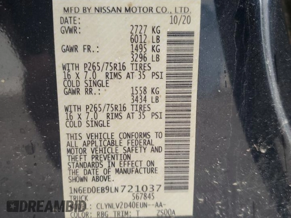 2020 Nissan Frontier SV с VIN 1N6ED0EB9LN721037, выставлен на аукционе Copart как лот 58133035 с пробегом 53 677 миль миль и Списание • Salvage title. История ставок и продаж доступна на DreamBid. Изображение 13.