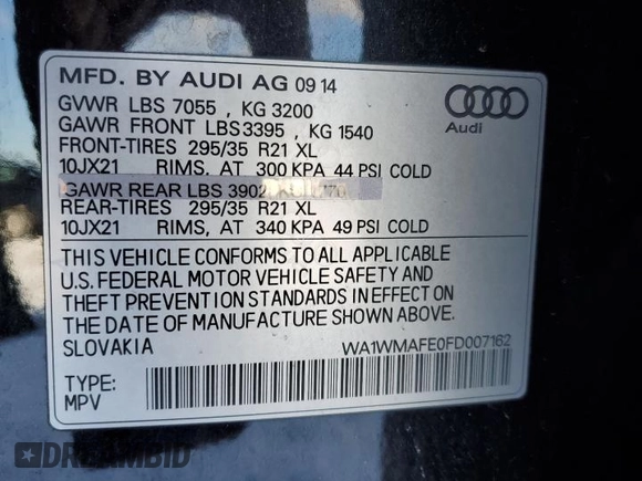 2015 Audi Q7 Prestige with VIN WA1WMAFE0FD007162, listed as a Copart auction lot 86391014 with Not provided miles and Salvage title. Bid and sale history available at DreamBid. Image 13.