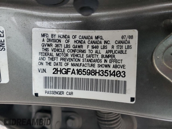 2008 Honda Civic LX with VIN 2HGFA16598H351403, listed as a Copart auction lot 55819905 with 166,272 mi miles and Salvage Title. Bid and sale history available at DreamBid. Image 13.