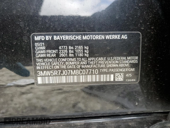 2021 BMW 3 Series 330i xDrive z VIN 3MW5R7J07M8C07710, wystawiony jako Copart lot #53181515 z przebiegiem Nie podano mil oraz Szkoda całkowita • Salvage title. Historia ofert i sprzedaży dostępna na DreamBid. Obrazek 14.