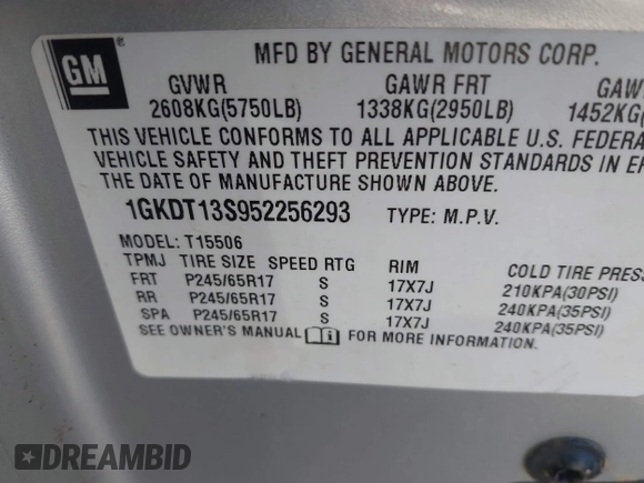 2005 GMC Envoy SLE with VIN 1GKDT13S952256293, listed as a IAAI auction lot 42048366 with 225,753 mi miles and . Bid and sale history available at DreamBid. Image 9.