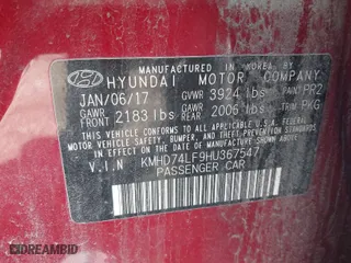 2017 Hyundai Elantra SE with VIN KMHD74LF9HU367547, listed as a IAAI auction lot 41595195 with 125,498 mi miles. Bid and sale history available at carsss.com. Image 9.