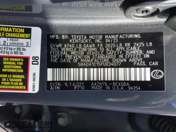 2023 Lexus ES 300h with VIN 58ADA1C15PU034077, listed as a IAAI auction lot 41956543 with 72,661 mi miles and . Bid and sale history available at DreamBid. Image 9.