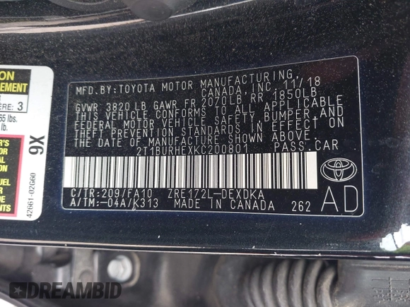 2019 Toyota Corolla L z VIN 2T1BURHEXKC200801, wystawiony jako IAAI lot #42289440 z przebiegiem 114 765 mil mil oraz . Historia ofert i sprzedaży dostępna na DreamBid. Obrazek 9.