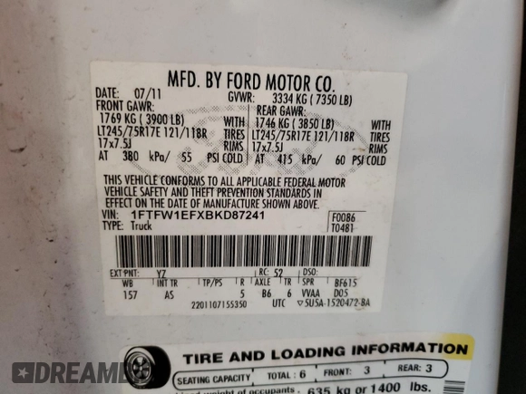 2011 Ford F-150 XL with VIN 1FTFW1EFXBKD87241, listed as a Copart auction lot 71577254 with 127,985 mi miles and Salvage Title. Bid and sale history available at carsss.com. Image 14.