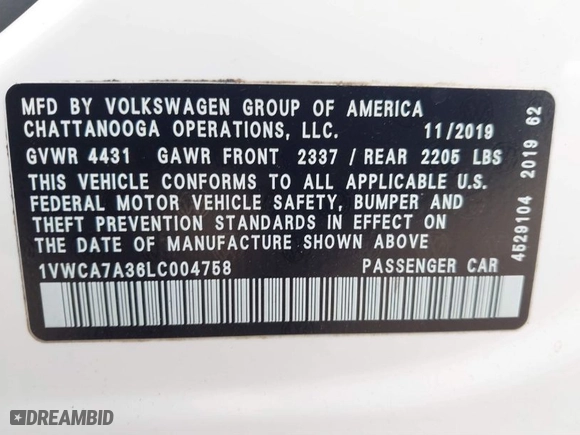 2020 Volkswagen Passat 2.0T SEL with VIN 1VWCA7A36LC004758, listed as a IAAI auction lot 40731847 with 112,972 mi miles. Bid and sale history available at carsss.com. Image 9.