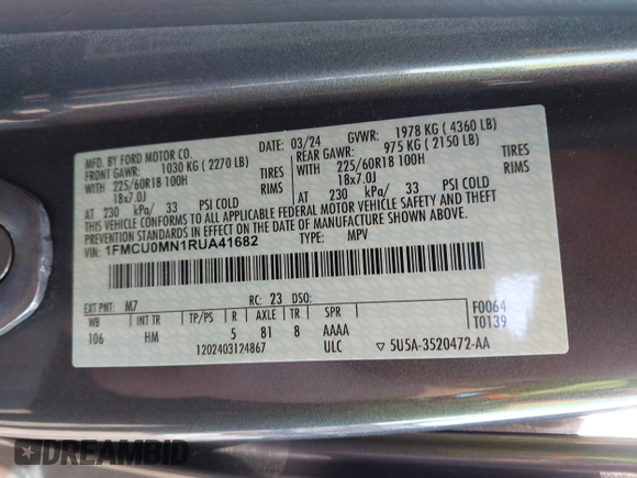 2024 Ford Escape ST-Line with VIN 1FMCU0MN1RUA41682, listed as a IAAI auction lot 41958924 with 19,529 mi miles and . Bid and sale history available at DreamBid. Image 9.