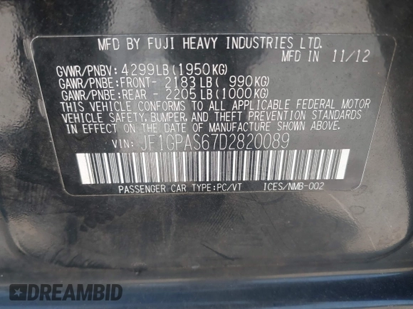 2013 Subaru Impreza Special Sports Limited with VIN JF1GPAS67D2820089, listed as a IAAI auction lot 42781088 with 103,602 mi miles and . Bid and sale history available at DreamBid. Image 9.