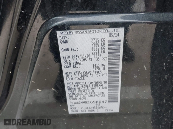 2014 Nissan Pathfinder SV with VIN 5N1AR2MM0EC698047, listed as a IAAI auction lot 41838837 with 159,818 mi miles. Bid and sale history available at carsss.com. Image 9.