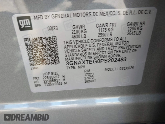 2023 Chevrolet Equinox LT with VIN 3GNAXTEG0PS202483, listed as a IAAI auction lot 42273650 with 21,430 mi miles and . Bid and sale history available at DreamBid. Image 9.