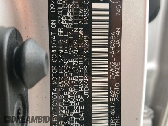 2020 Toyota Prius LE z VIN JTDKARFP9L3138248, wystawiony jako Copart lot #54676615 z przebiegiem 43 323 mil mil oraz Szkoda całkowita • Salvage title. Historia ofert i sprzedaży dostępna na DreamBid. Obrazek 13.