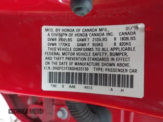 2016 Honda Civic Sedan EX-T with VIN 2HGFC1F3XGH635159, listed as a IAAI auction lot 41584768 with 108,814 mi miles. Bid and sale history available at carsss.com. Image 9.