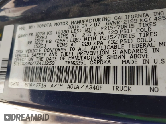2007 Toyota Tacoma с VIN 5TETX22N27Z411259, выставлен на аукционе IAAI как лот 42505159 с пробегом 131 514 миль миль и . История ставок и продаж доступна на DreamBid. Изображение 9.