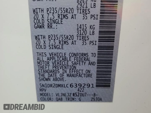 2020 Nissan Pathfinder Platinum with VIN 5N1DR2DMXLC639291, listed as a Copart auction lot 61467715 with 97,949 mi miles and Salvage title. Bid and sale history available at DreamBid. Image 14.