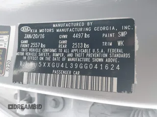 2016 Kia Optima EX with VIN 5XXGU4L39GG041624, listed as a IAAI auction lot 41653133 with 130,312 mi miles. Bid and sale history available at carsss.com. Image 9.