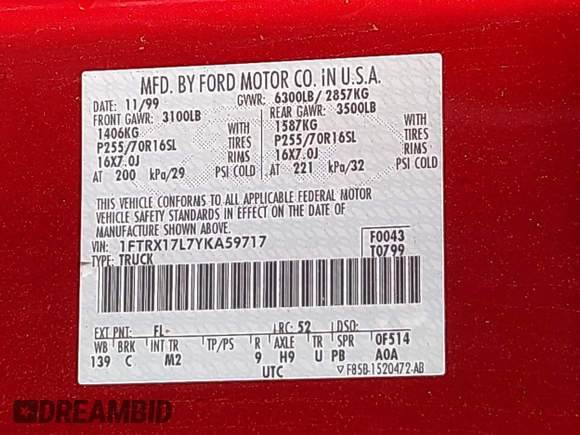2000 Ford F-150 XL with VIN 1FTRX17L7YKA59717, listed as a IAAI auction lot 40887691 with 104,095 mi miles. Bid and sale history available at carsss.com. Image 9.