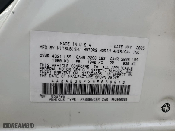 2005 Mitsubishi Galant ES with VIN 4A3AB36FX5E068812, listed as a Copart auction lot 87335384 with 324619 miles and Salvage Title. Bid and sale history available at carsss.com. Image 13.