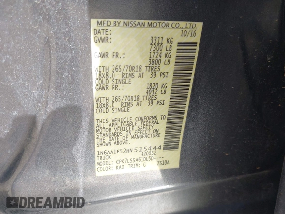 2017 Nissan Titan SV z VIN 1N6AA1E52HN515444, wystawiony jako IAAI lot #42020151 z przebiegiem 156 391 mil mil oraz . Historia ofert i sprzedaży dostępna na DreamBid. Obrazek 9.