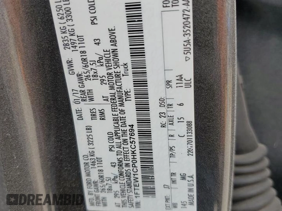 2017 Ford F-150 XL z VIN 1FTEW1CP0HKC57694, wystawiony jako Copart lot #59375955 z przebiegiem 149 528 mil mil oraz Szkoda całkowita • Salvage title. Historia ofert i sprzedaży dostępna na DreamBid. Obrazek 12.