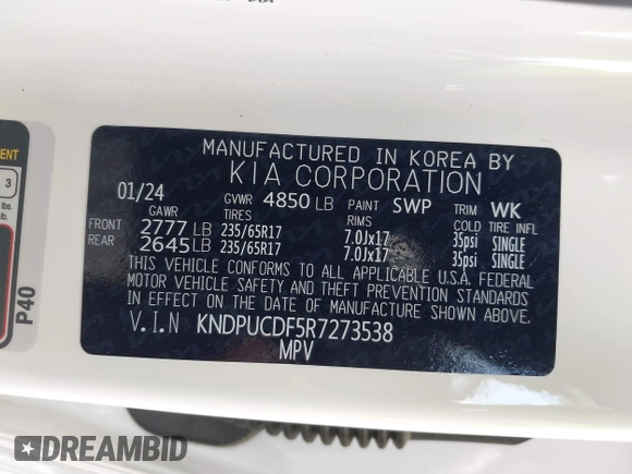 2024 Kia Sportage LX with VIN KNDPUCDF5R7273538, listed as a IAAI auction lot 41944255 with 4,617 mi miles and . Bid and sale history available at DreamBid. Image 9.