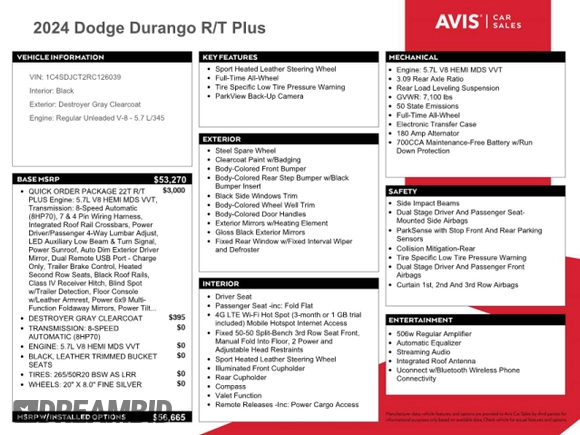 2024 Dodge Durango R/T Plus with VIN 1C4SDJCT2RC126039, listed as a Copart auction lot 51129385 with 29,392 mi miles and Non Repairable. Bid and sale history available at DreamBid. Image 12.