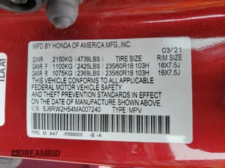 2021 Honda CR-V EX with VIN 5J6RW2H54MA007240, listed as a Copart auction lot 59720135 with 39,199 mi miles and Salvage title. Bid and sale history available at DreamBid. Image 13.