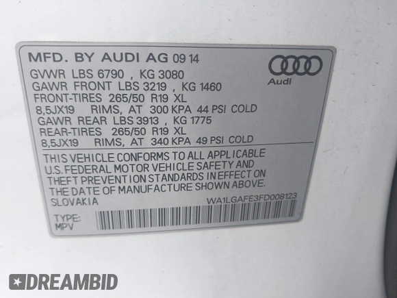 2015 Audi Q7 Premium Plus with VIN WA1LGAFE3FD008123, listed as a IAAI auction lot 42524845 with 94,785 mi miles and . Bid and sale history available at DreamBid. Image 9.