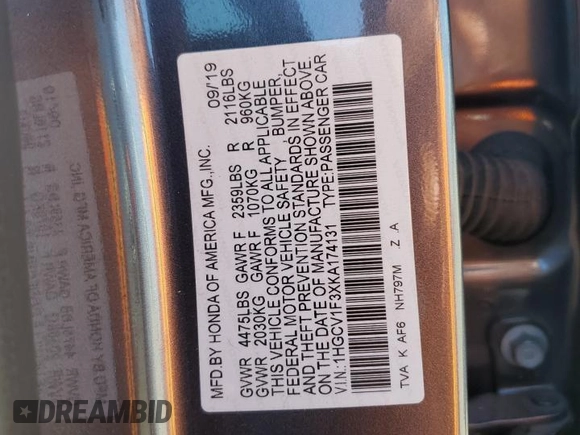2019 Honda Accord Sedan Sport 1.5T with VIN 1HGCV1F3XKA174131, listed as a Copart auction lot 50574325 with 67,601 mi miles and Salvage Title. Bid and sale history available at carsss.com. Image 12.