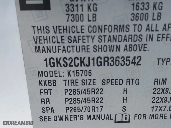 2016 GMC Yukon Denali with VIN 1GKS2CKJ1GR363542, listed as a IAAI auction lot 41435129 with 180,289 mi miles. Bid and sale history available at carsss.com. Image 9.