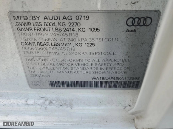 2019 Audi A4 allroad Premium Plus with VIN WA18NAF45KA113258, listed as a Copart auction lot 65002644 with 31,699 mi miles and Salvage Title. Bid and sale history available at carsss.com. Image 16.