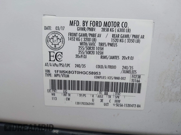2017 Ford Explorer Sport with VIN 1FM5K8GT0HGC58953, listed as a IAAI auction lot 42079041 with 264,639 mi miles and . Bid and sale history available at carsss.com. Image 9.