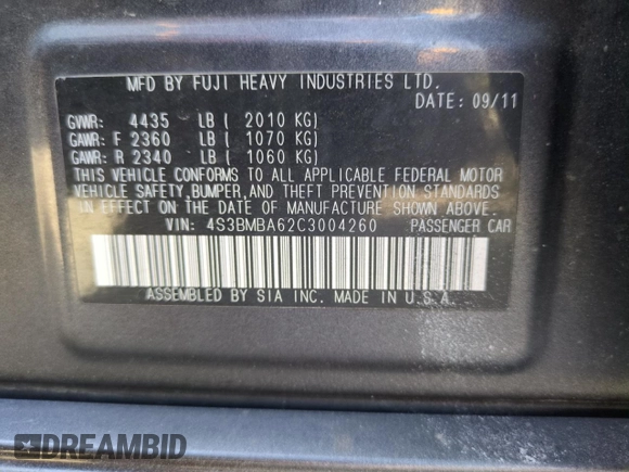 2012 Subaru Legacy 2.5i with VIN 4S3BMBA62C3004260, listed as a Copart auction lot 53002285 with 126,352 mi miles and Clean title. Bid and sale history available at DreamBid. Image 12.