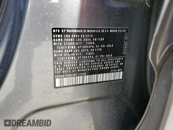 2020 Volkswagen Tiguan S with VIN 3VV0B7AX6LM112948, listed as a Copart auction lot 61799325 with 79,325 mi miles and Non repairable. Bid and sale history available at DreamBid. Image 13.