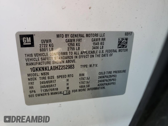 2017 GMC Acadia SLE with VIN 1GKKNKLA0HZ252983, listed as a Copart auction lot 48889915 with 180,759 mi miles and Clean Title. Bid and sale history available at DreamBid. Image 13.